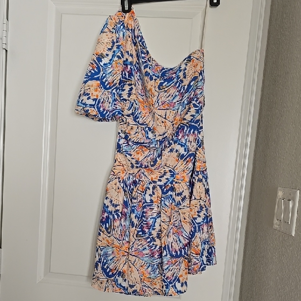 Vibrant One-Shoulder Dress in Blue and Orange. Great for Prom!